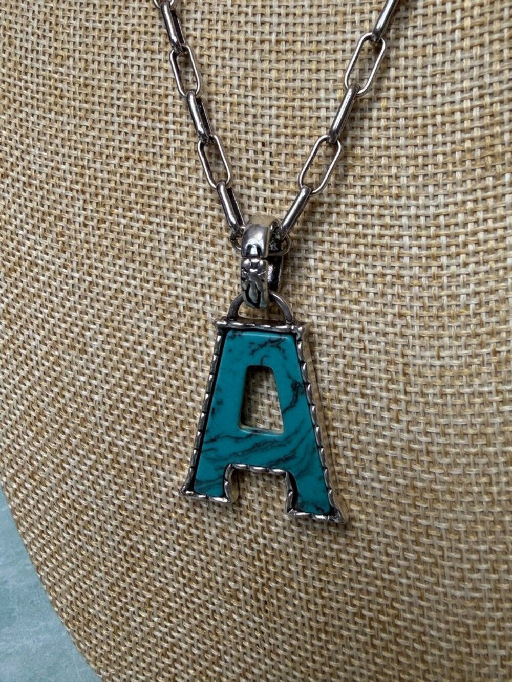 Faux Silver and Turquoise A Initial Necklace on Long Chain